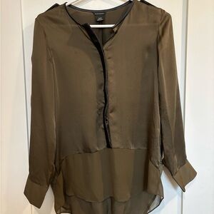 Club Monaco 100% Silk Olive V-Neck Blouse with Black Leather Trim